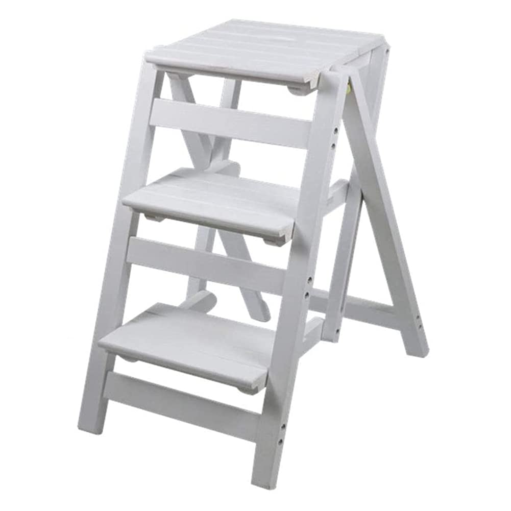 Solid Wood Folding Step Ladder Stool with Multi Layer Design Portable and Multi Functional Utility Chair Seat Non Slip Foot Cover Included(White,3 Steps)