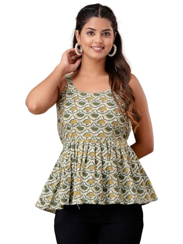 Image of feranoid Women Cotton Printed Sleeveless Strap Peplum Top