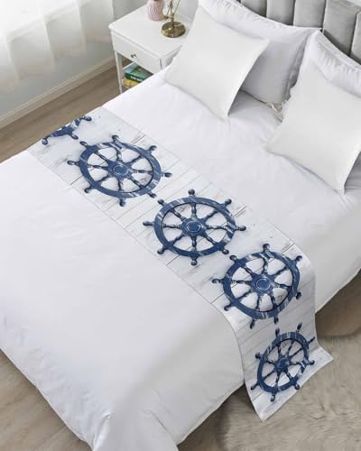 Blue Coastal Bed Runner for King Size, Nautical Summer Beach Ocean Bedspread Protector Slipcover Bed Scarf for Foot Runners & Scarves for Bedroom Hotel Wedding Room 102x20 Inches