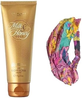 ORIFLAME Milk & Honey Gold Smoothing Sugar Scrub Small Pack - 75 Grams And Colourful Head Band For Girls/Women - Combo