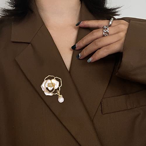 Image of Women Camellia Flower Pearl Enamel Brooch Pins for Ladies Jewelry Fashion