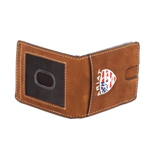 ARIAT Men's Leather Bifold Money Clip Wallet with American Flag Shield Embroidery2