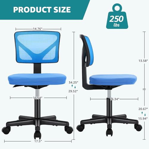 Image of OLIXIS Armless Office Chair, Ergonomic Desk Chair with Wheels, Mesh Back, Removable Washable Foam Cushion, Height Adjustable Rolling Swivel Chairs for Small Space, Home, Office, Blue