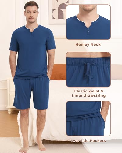Image of NACHILA Pajamas Set for Men-Viscose Made from Bamboo, Short Sleeve Sleepwear Soft Pj with Shorts Cool Loungewear