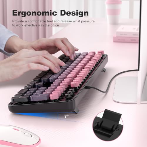Image of MOWUX Computer Keyboard Wired, Plug and Play USB Retro Round Typewriter Keyboard, Full Size Wired Keyboard with Foldable Stands for Laptop and Office PC- Sea Blue Gradient
