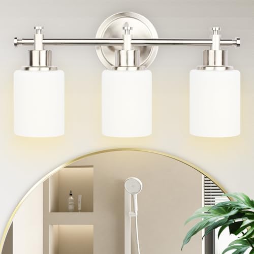 3-Light Bathroom Vanity Light Fixtures, Brushed Nickel Wall Sconce with Milky White Glass Shade for Mirror, Bedroom, Living Room, Modern Style, E26 Base, 15.75 Inch