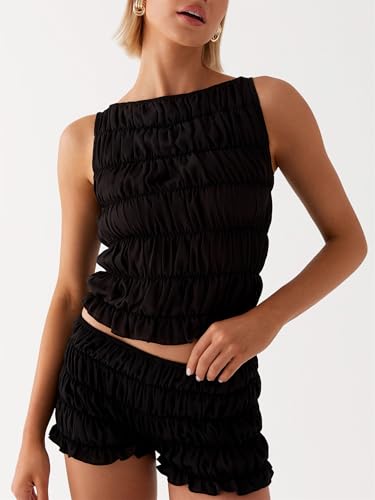 Miqil Women Y2k 2 Piece Smocked Loungwear Cute Sleeveless Tiered Ruched Tank Top Low Rise Shorts Set Fairycore Going Out Set4