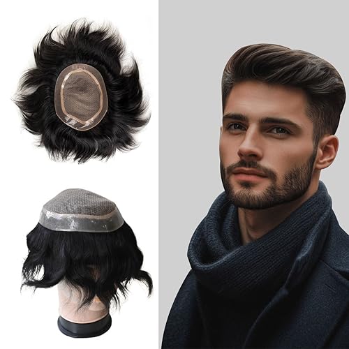 Image of Golden Mirage Hair Patch For Men With Natural Looking Silk Base Non Surgical Hair Replacement System 100 Percent Human Hair Toupee Wig Black 7x5 Inch