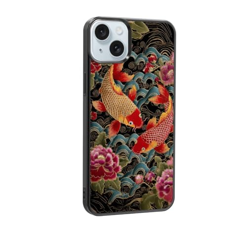 qizjio Koi Fish Phone Case, Shockproof Protective Japanese Embroidered Pattern Cover for iPhone 15 Plus