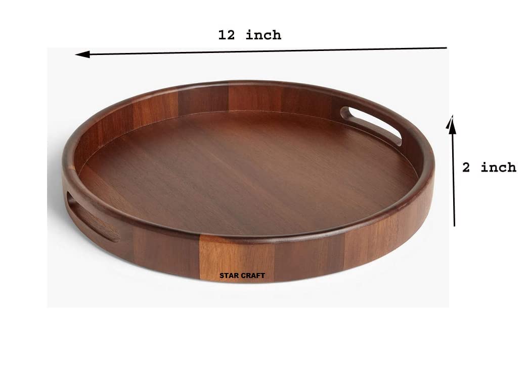 STAR CRAFT Juego de bandejas redondas de madera hechas a mano de madera dura para servir para cocina, mesa de comedor, bandeja multipurpuose (natural)