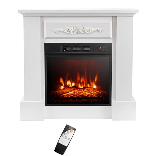 S AFSTAR Electric Fireplace with Mantel, 1400W 32 Inch Fireplace with Remote Control, 6H Timer, Adjustable 3D Flame Effect, Thermostat, Electric Fireplace for Living Room (White)