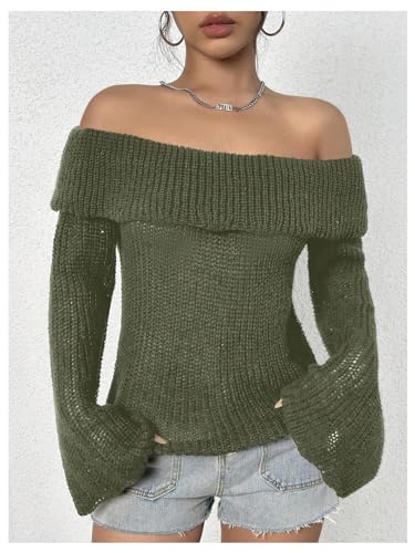Image of MakeMeChic Women's Y2K Off The Shoulder Sweater Bell Sleeve Tops Fall Pullover Sweaters Lightweight Green Large