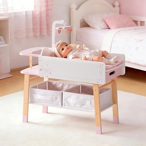 Table de Changement pour Poupée ROBUD avec Chaise Haute pour Poupées de 18 Pouces, Meubles de Poupée en Bois 2-en-1 avec Evier de Toilettage, Rangement, Station de...