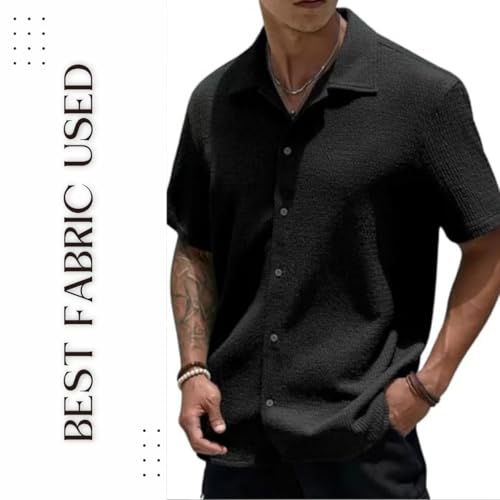 Image of MiraMichi Men's Slim Fit Half Sleeve Polycotton Casual Shirt - Solid Pattern, Hip Length, Ideal
