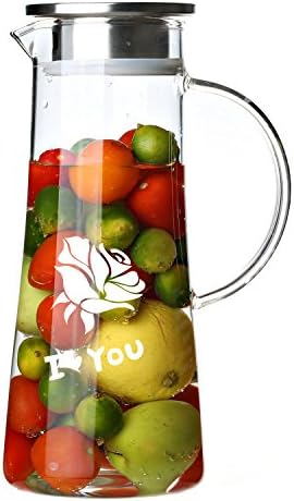 Cupwind 51 oz Glass Pitcher, Juice/ Ice Tea Pitcher, , Hot/ Cold Water Carafe with Stainless Steel Infuser Lid(Jane Eyre Rose Pattern)