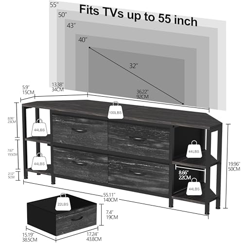 Image of EXOTICA Corner TV Stand for 55 inch TV with Drawer & Power Outlet, Black