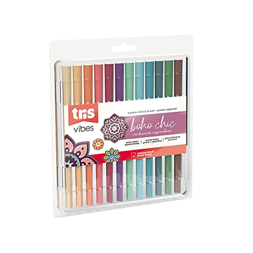 Hidrocor Ponta Dupla Pincel + Superfina Vibes Sketch - Boho Chic - Colorido (12 Cores) - Tris