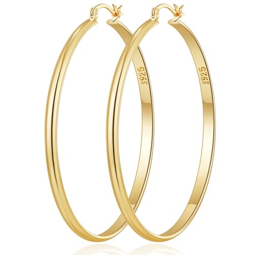 OOOPEL 3mm Wide Large Hoop Earrings for Women Hypoallergenic 925 Sterling Silver Post Gold Earrings Lightweight Silver Hoop Earrings Oversize Big Gold Hoops 30/40/50/60MM
