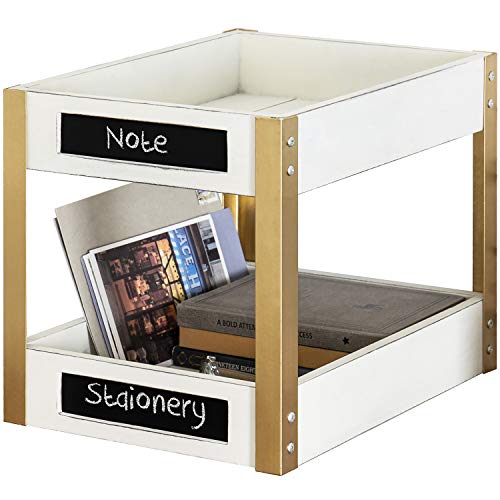 MyGift Vintage White Wood & Brass-Tone Metal 2-Tier Document Organizer with Chalkboard Labels