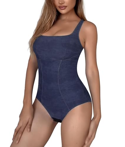 SHAPERIN Body Moldeador Denim Mujer Shapewear Bodysuit Control de Abdomen Sin Costuras Body Shaper Cuello Cuadrado Azul L
