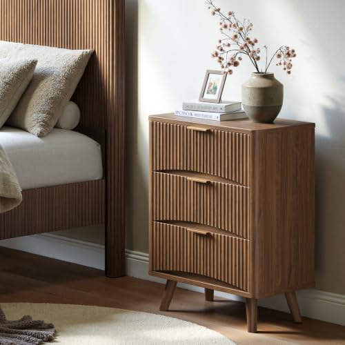 Image of Evermagin 29 inch Tall Fluted Nightstand with 3 Drawers | Walnut Night Stand,Wooden Bedside Table, Mid Century Modern Side Table for Bedroom, livingroom