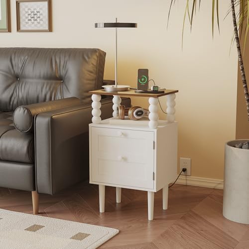 Image of Veegle White Nightstand with Charge Station,Modern Bedside Table with Storage Drawer and Open Wood Shelf, for Bedroom and Small Spaces,Night Stand with Solid Wood Legs (White)