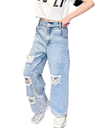 ORANDESIGNE Enfant Fille Jean à Evasé Imprimé Motif Coeur Pantalon en Denim Taille Elastique Eté Jean Décontracté Casual 5-14 Ans W Bleu 11-12 Ans