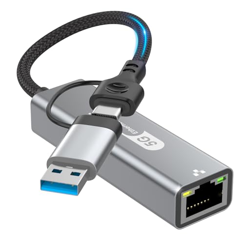 Kassdin USB C to Ethernet Adapter 5Gbps, 2-in-1 USB to 5Gbps Ethernet Cable, 5000Mbps Type C to RJ45 Network LAN Internet Converter, Aluminum Case Compatible for iPhone 16 15 Pro Max, MacBook Pro/Air