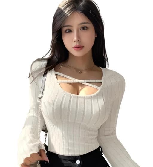 Image of Women Slim Fit Long Flare Sleeve Ribbed Knit Criss Cross Cut Out Casual Fashion Top Trendy Daily Outfit for Girls and Women