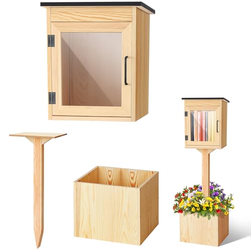 Wonderjune Wooden Little Library Box Outdoor Free Library, Single Little Library Outdoor Box Storage with Floor Plugs and Small Flower Fence for DIY Neighborhoods, Community, Literature, Newspapers
