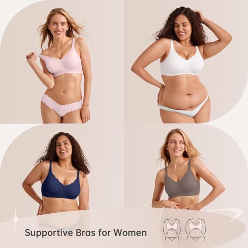 LetsJoli Wireless Seamless Bras for Women No Underwire Push Up Scalloped V Neck Full Coverage Support Bralettes Everyday Bras Pink - Image 5