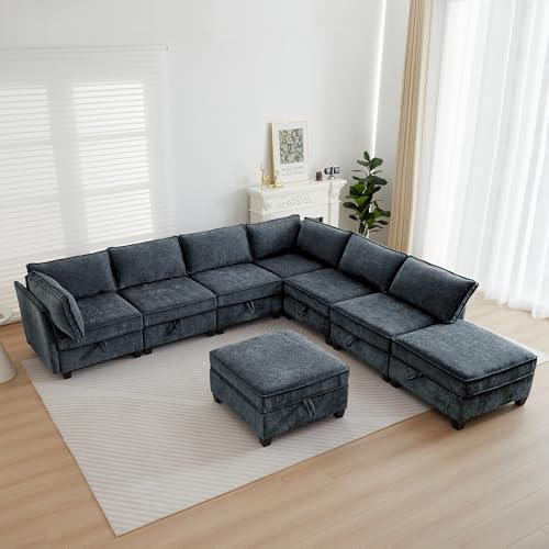 Image of ORRD Oversize Corner Modular Sectional Sofa Set, Convertible L Shaped Couch with Storage, 8 Seater Sofa Modular with Ottomans and Reversible Chaise for Living Room, Office (Blue Grey)