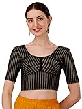 Sft Round Neck Cotton Lycra Stretchable Elbow Sleeves Readymade Saree Blouse for Women Stylish, Black, 12
