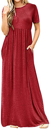 Bienwwow Dames Casual Maxi Jurk Korte mouw Pocket Jurk (rood, XL) - Image 3