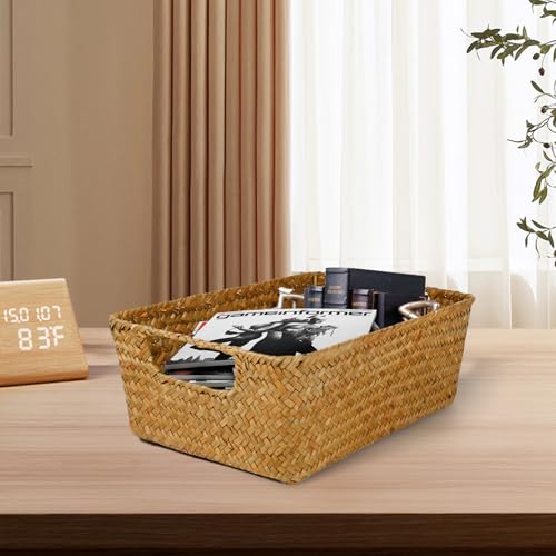 Rechteckiger Aufbewahrungskorb aus Seegras mit Griff Rattankorb korb Geflochten Wäschekorb gewebter Weidenkorb, Handtuchkorb handgefertigter Aufbewahrungskorb Regale und Schreibtische 33X23X11CM