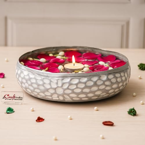 Image of eCraftIndia Silver Metal Urli Bowl for Home Decoration Office Tv Unit Kitchen Showpiece for Good Luck | Urli for Floating Candles Flowers for Pooja Room Entryway Living Room Diwali Gift