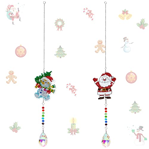 2 Packs 5D Diamond Painting Sun Catcher Christmas Wind Chime DIY Santa Claus Snowman Crystal Pendent Christmas Hanging Ornament for Indoor Outdoor Home Decor (Style A)