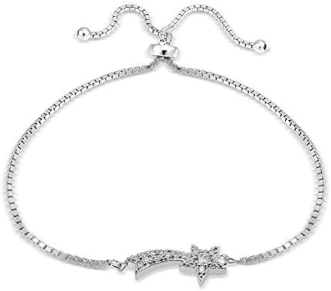 Hoops & Loops Shooting Star Bracelet, 925 Sterling Silver Cubic Zirconia Adjustable Pull Tie Bracelet for Women Men Teens, Silver/Gold/Rose Gold