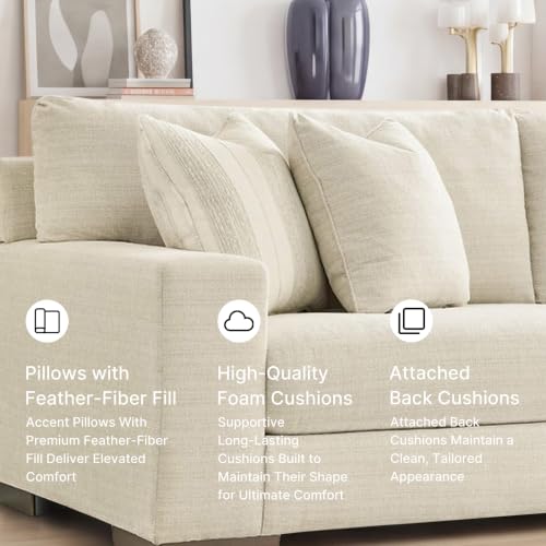 Image of Signature Design by Ashley Maggie 96-Inch Sofa / Couch, Polyester Chenille Cushioned Deep Seating, Birch, No Assembly Required