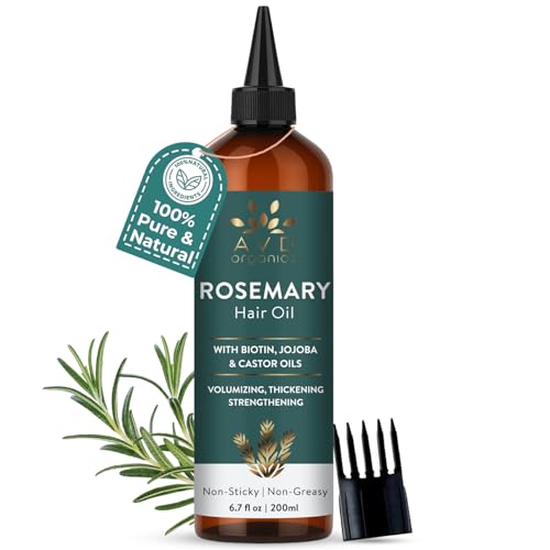 Image of AVD ORGANICS Pure Rosemary Oil for Hair Growth (6.7 fl oz) Infused with strengthening Biotin Jojoba & castor Oil Split Ends & Dry Scalp Treatment to Support Longer, Healthier Strands | 200ML