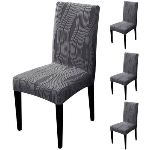 Image of HOKIPO 200 GSM Premium Knitting Jacquard Elastic Dining Table Chair Cover Set of 4, 'Nestiva Series' Porpoise Grey (AR-6072-GRY)