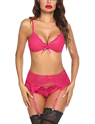 Avidlove Women's Lace Lingerie Bralette Bra and Panty Set Garter Teddy Strappy Babydoll Bodysuit Sexy Outfit Red Rose XXL