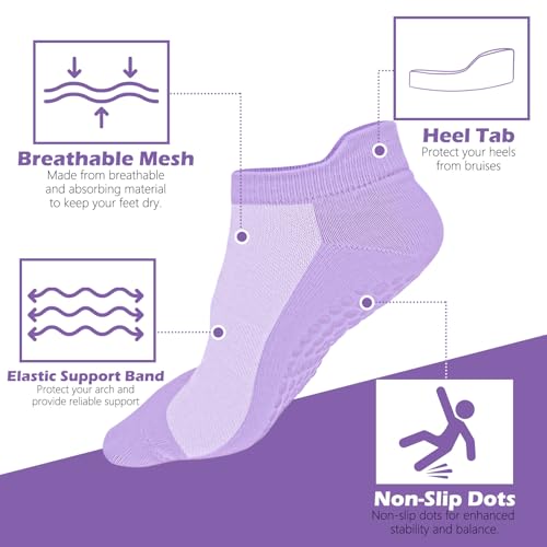 Image of 6 Pairs Grip Pilates Socks for Women, Non-Slip Yoga Athletic Socks for Barre, Ballet & Workout, Hospital Barefoot Socks (Women's 5-9)