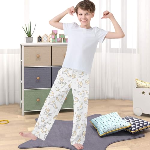 Boy's Pj Pants Cute Drawn Cat White Yellow Lounge Bottoms Elastic Waist Kids Joggers with Pockets Size 6-144