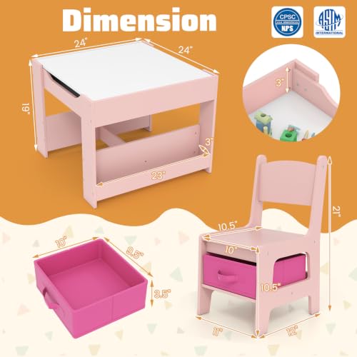 Image of GLACER Kids Table and Chairs, 3 in 1 Craft Table with Storage, Detachable Tabletop, Removable Blackboard for Children Drawing, Reading, Toddler Table and Chair Set for Playroom (White + Pink)