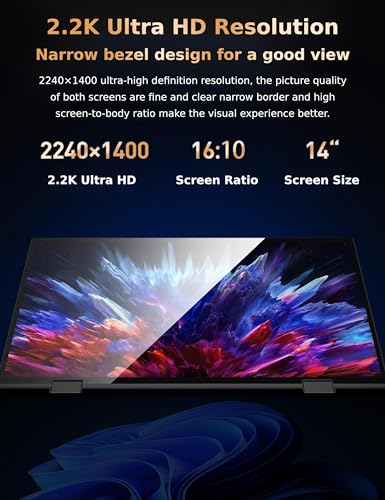 Sxhlseller Laptop 14 Zoll mit 360° Flip Dual Touchscreens,2,2K Ultra HD und Virtual Touch Tastatur – Intel Celeron 12 Gen N95 / 5000 MAh /16G DDR4 +256G SSD Business Laptops Notebook für Win11 Pro – Bild 3