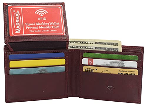 MARSHAL RFID Blocking Genuine Leather Men's Bifold Eagle USA Flag Wallet Gift (Burgundy)2