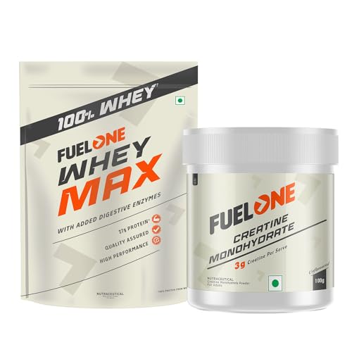 Image of FUELONE Whey Max (Mango, 1kg / 2.2lbs) | Whey Protein Concentrate & Whey Protein Isolate | 27g Protein & Creatine Monohydrate (Unflavoured, 100g, 33 Servings) | Combo Pack