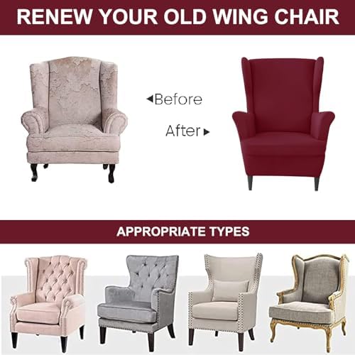 Stretch Wingback Chair and Ottoman Slipcover Set, 2-Piece Armchair and Rectangular Ottoman Covers, Brown Fabric Protector for Furniture