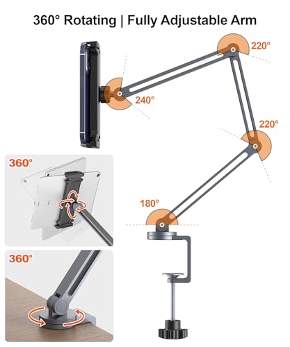 YICOSUN Tablet Arm Mount with Super Grip, Adjustable Foldable Holder & Heavy Duty Aluminum 360° Rotating Clamp for iPad, Phone, Monitor, Kindle - Universal for Desk, Bed, Kitchen - Gray